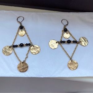Vintage Earrings Boho Slip On With Gold Toned Metal Discs & Black Beads